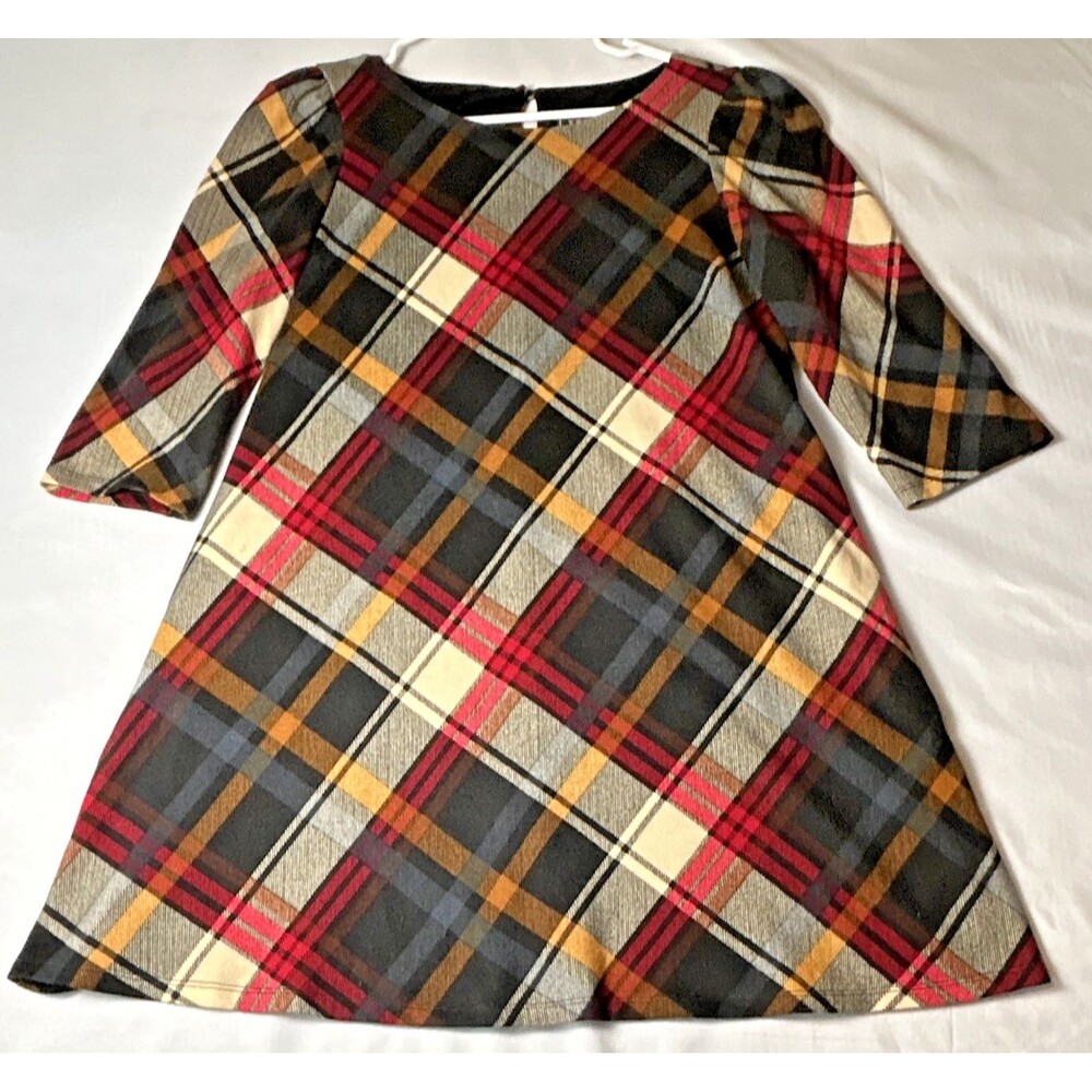 JH Plaid A-Line Dress Women PM Petites V-Neck 3/4 Sleeve Short Zip